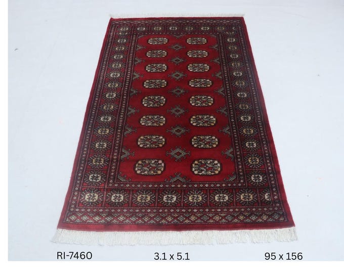 Hand-knotted Mohri Bokhara Cotton and Wool Rug, Geomatrical in Red base and Red border, 3.1 x 5.1 ft