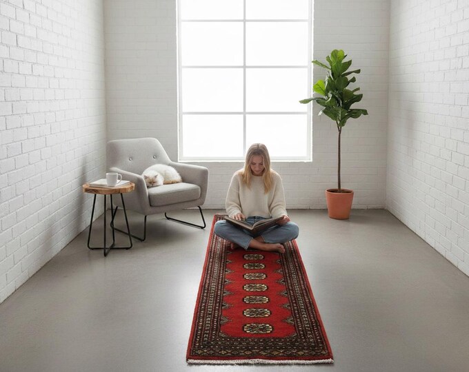 2.3 X 6.2 ft Red Geomatrical Runner Handmade, Mori Bokhara Cotton and Wool