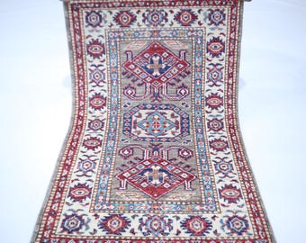 Kazak Afghan Wool Rug – 2x3 Gray Geometric Hand Knotted Area Rug