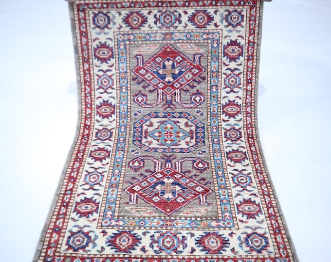 Kazak Afghan Wool Rug – 2x3 Gray Geometric Hand Knotted Area Rug