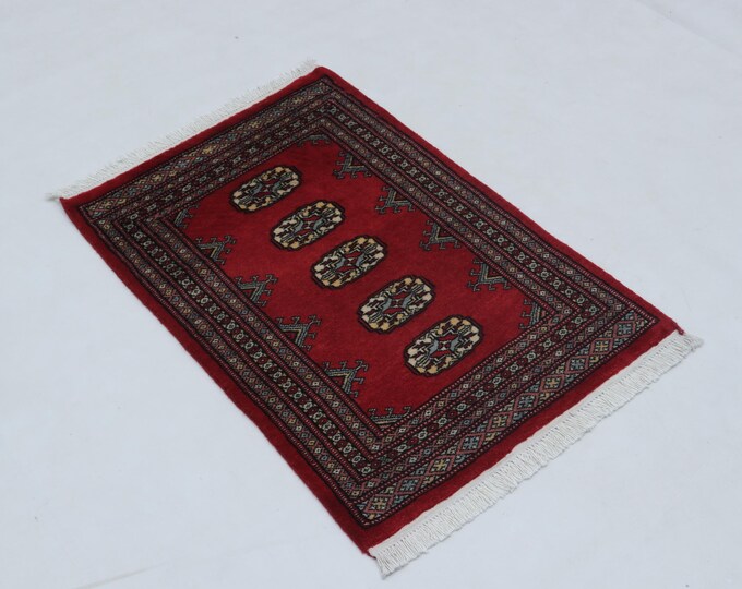 2.1 X 3.1 ft Red Geomatrical Handmade ,Mori Bokhara Cotton and Wool