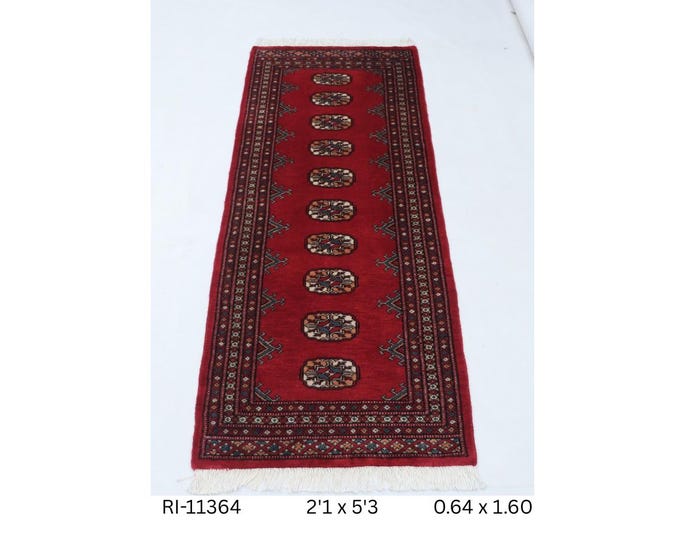 2 X 6 ft Red Geometrical Handmade Runner, Mori Bokhara Cotton and Wool