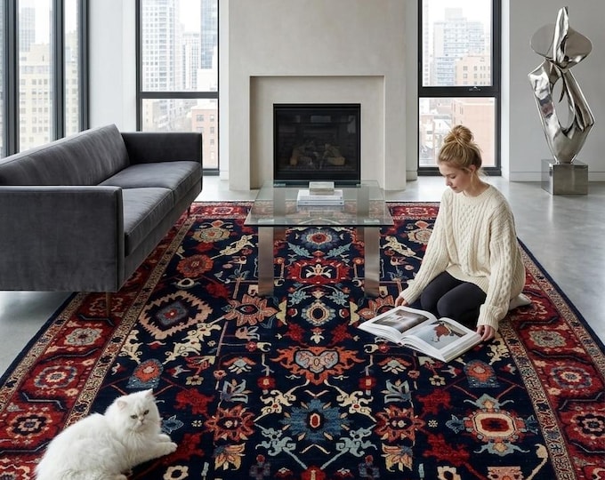 8.10 X 11.9 ft Red and Blue Floral Handmade ,Heriz Cotton and Wool