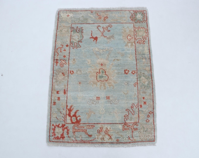 2.2 X 3.1 ft  Blue Floral Handmade ,Heriz Cotton and Wool