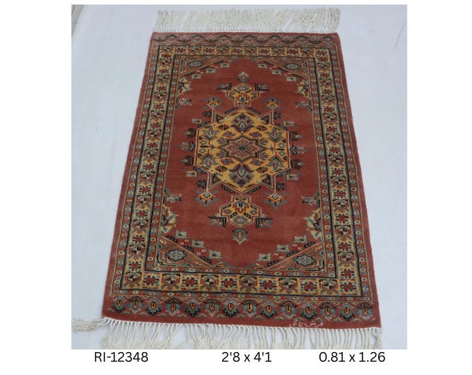 Hand-knotted Cotton Wool Silk Rug, Geometric Copper and Yellow, 2.8 x 4.1 ft