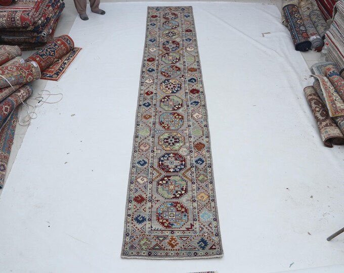 2 X 13 ft Gray Floral Handmade Runner, Chobi Cotton and Wool