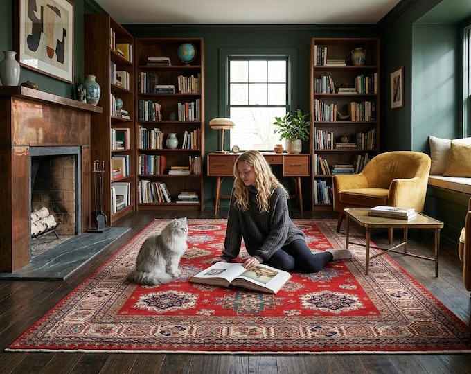 7.11 X 10.2 ft Red and Beige Geomatrical Handmade, Super Kazak Cotton and Wool