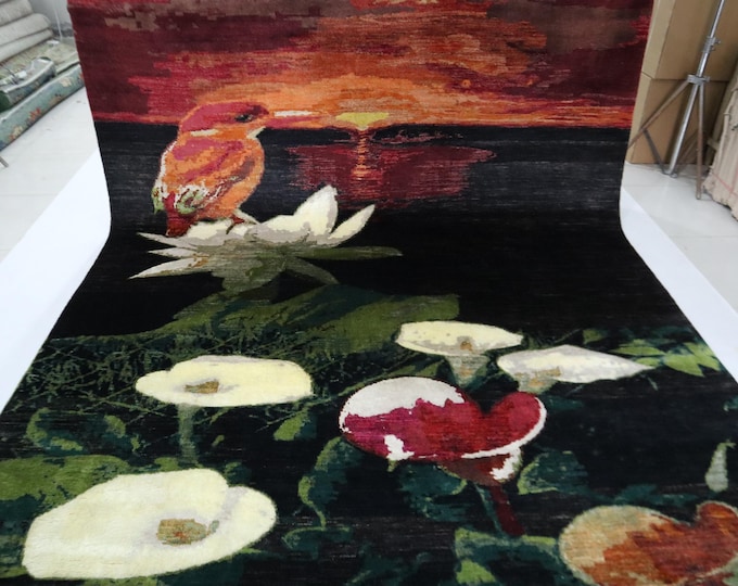 8x10 Hand-Knotted Wool Rug – Afghan Floral Bird Design