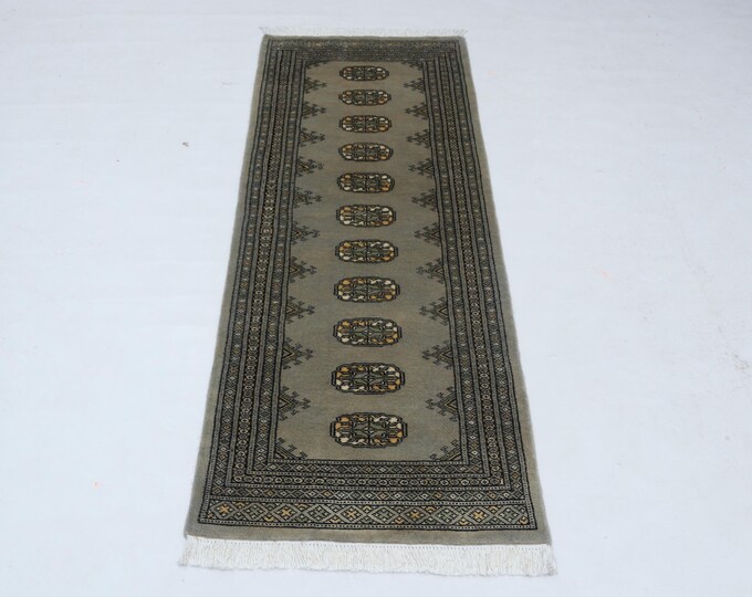 2.1 X 5.8 ft Gray Geomatrical Runner Handmade, Mori Bokhara Cotton and Wool