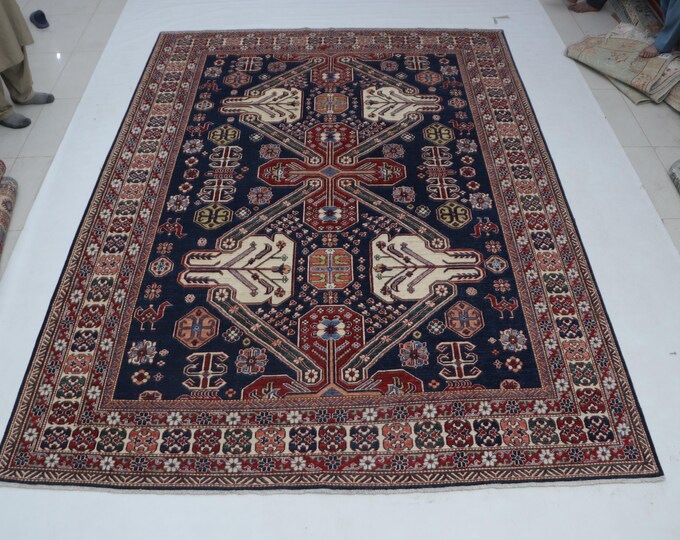 8.0 X 11.1 ft Black and Beige Geomatrical Handmade , Super Kazak Cotton and Wool