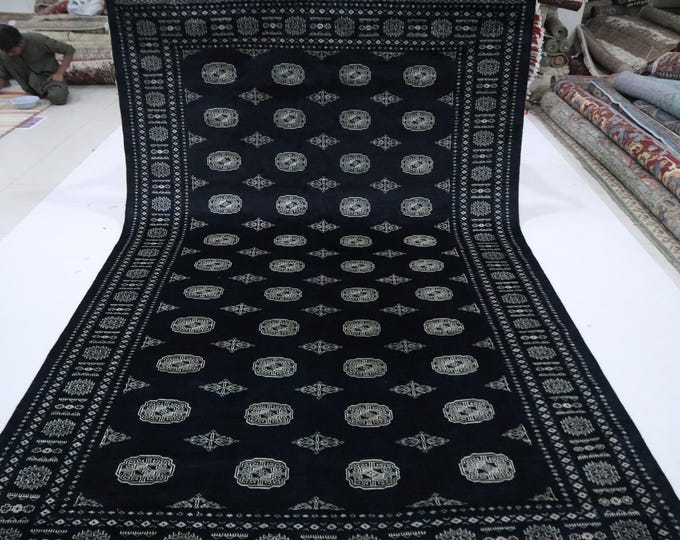 Black Mori Bokhara Wool Rug, 7x10 Ft, Hand Knotted Tribal Rug