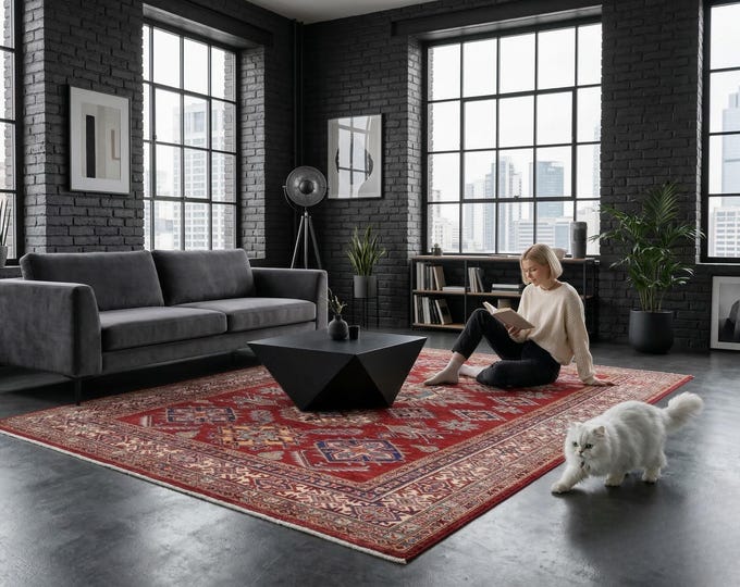 5 X 7 ft Red and Beige Geomatrical Handmade , Super Kazak Cotton and Wool