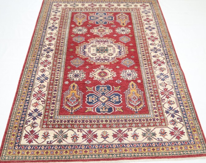 6x8 Red Kazak Rug – Handmade Afghan Wool, Geometric Design