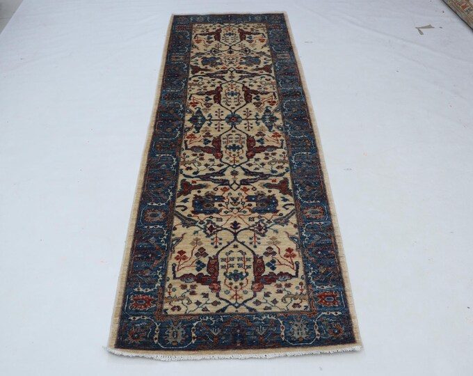 2.7 X 7.10 ft Beige and Blue Floral Handmade Runner ,Heriz Cotton and Wool