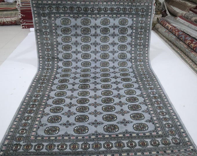 Gray Mori Bokhara Wool Rug, Hand Knotted Tribal Rug (6x9 Ft)