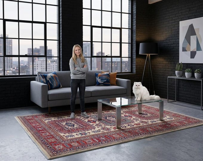 5 X 8 ft Beige and Red Geomatrical Handmade, Super Kazak Cotton and Wool