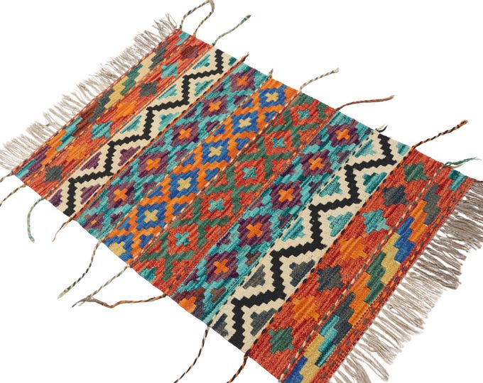2 X 3 ft Handmade Geometrical Killim Rug, Muilty, Wool