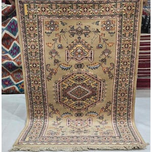 Alfombra tribal hecha a mano de 3 x 4 pies, color marrón, con diseño geométrico y toque de algodón, lana y seda.