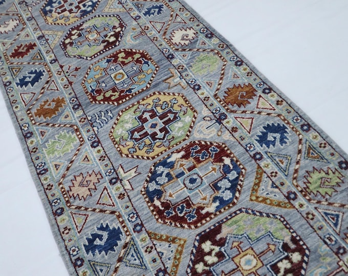 Gray Afghan Ersari Runner Rug, Hand Knotted Wool, Geometric Veg Dye, 14 Ft