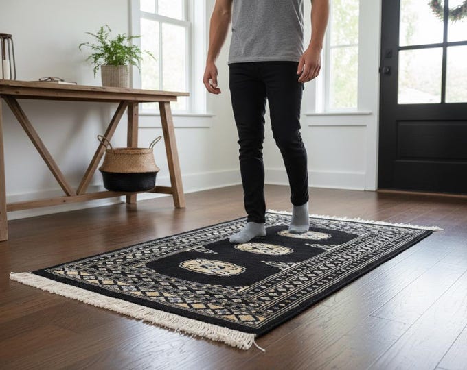 2.1 X 3.0 ft Black Geomatrical Handmade, Mori Bokhara Cotton and Wool