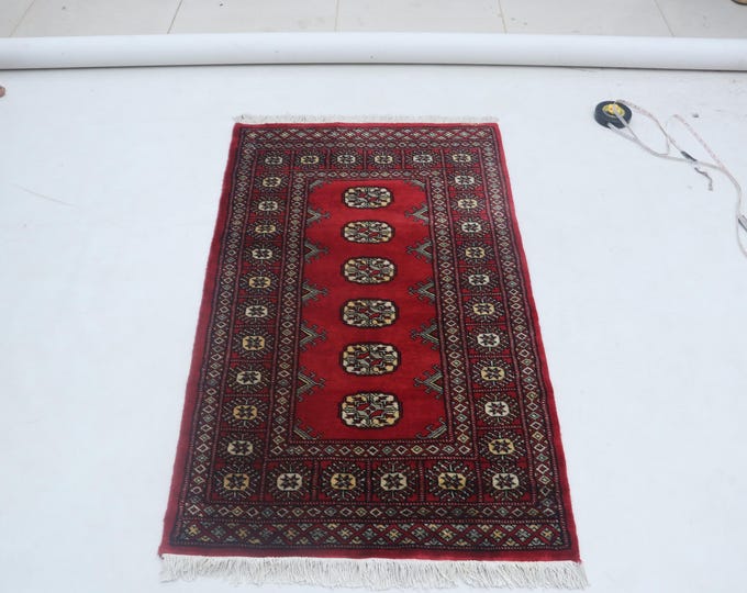 2.7 X 4.4 ft Red Geomatrical Handmade, Mori Bokhara Cotton and Wool