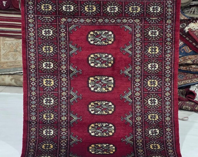 2.5 X 4 ft Red Geometrical Handmade, Mori Bokhara Rug Cotton and Wool