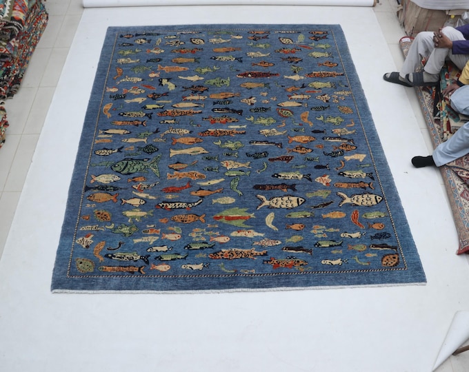 8.0 X 9.8 ft  Blue Floral Handmade ,Heriz Cotton and Wool