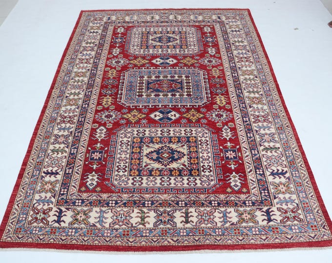 5.5 X 7.10 ft Red and Beige Geomatrical Handmade , Super Kazak Cotton and Wool