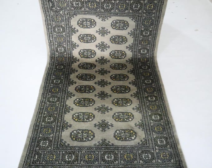 Hand Knotted Wool Mori Bokhara Rug, Gray Tribal Geometric Rug (3x5 Ft)