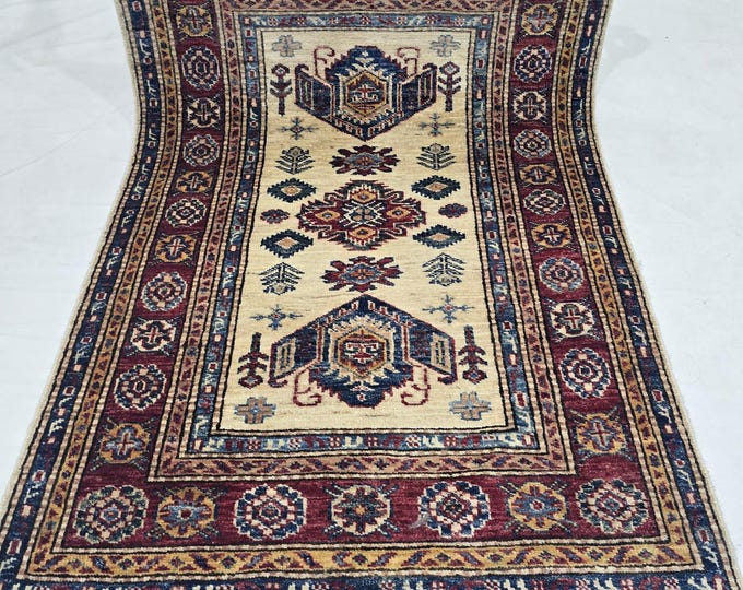 2.5 X 4 ft Handmade Geometrical Super Kazak Rug, Beige and Red, Cotton and Wool