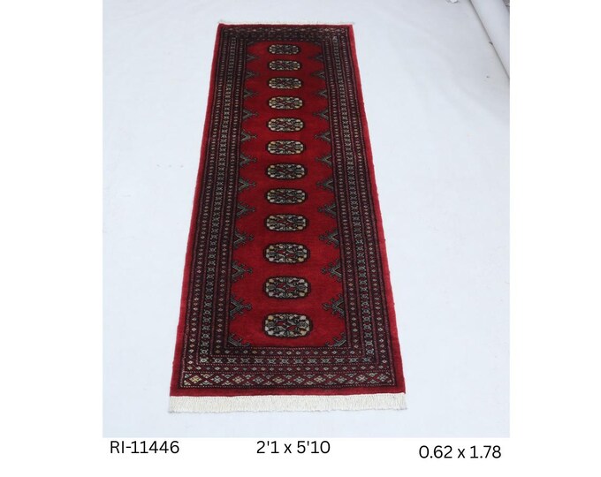 Hand-knotted Mohri Bokhara Cotton and Wool Rug, Geomatrical in Red base and Red border, 2.1 x 5.10 ft