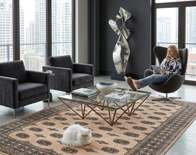 6.5 x 9.5 ft Beige Geomatrical Runner Handmade, Mori Bokhara Cotton and Wool