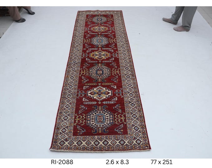 2.6 X 8.3 ft Red and Beige Geomatrical Handmade Runner , Super Kazak Cotton and Wool