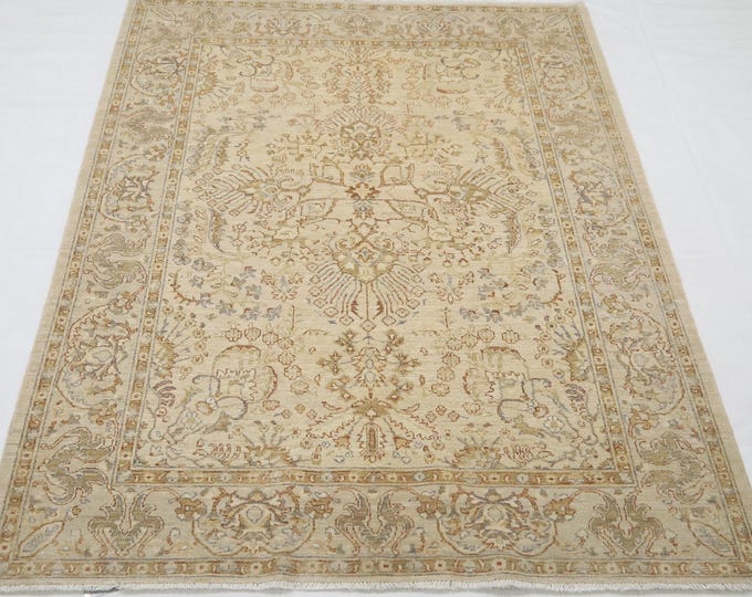 Handmade Afghan Chobi Wool Rug – 5x7 Light Brown Floral Area Rug