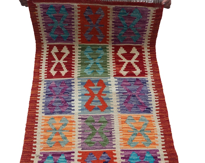 2 X 3 ft Handmade Geometrical Killim Rug, Muilty, Wool