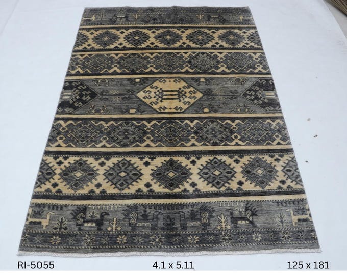 Hand-knotted Super Kazak Cotton and Wool Rug, Geomatrical in Gray base and Gray border, 4.1 X 5.11 ft