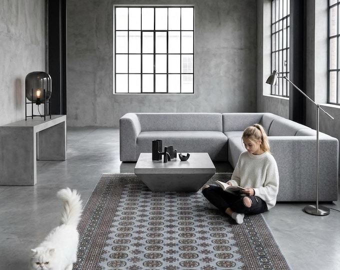 6.1 X 8.9 ft Gray Geomatrical Handmade ,Mori Bokhara Cotton and Wool