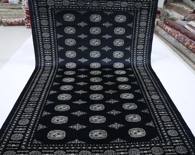 Black Hand Knotted Wool Mori Bokhara Rug, 7x10 Ft, Tribal Geometric Design