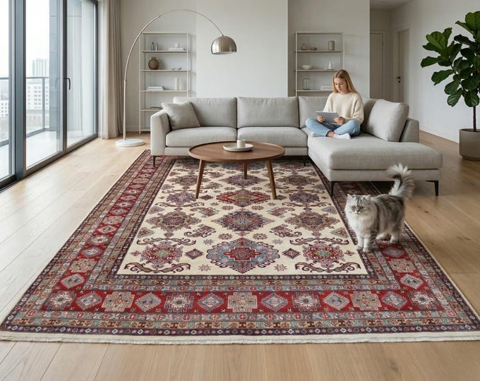 8.2 X 9.7 ft Beige and Red Geomatrical Handmade , Super Kazak Cotton and Wool