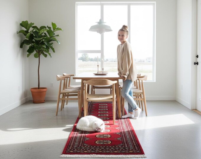 2.0 X 5.9 ft Red Geomatrical Runner Handmade, Mori Bokhara Cotton and Wool