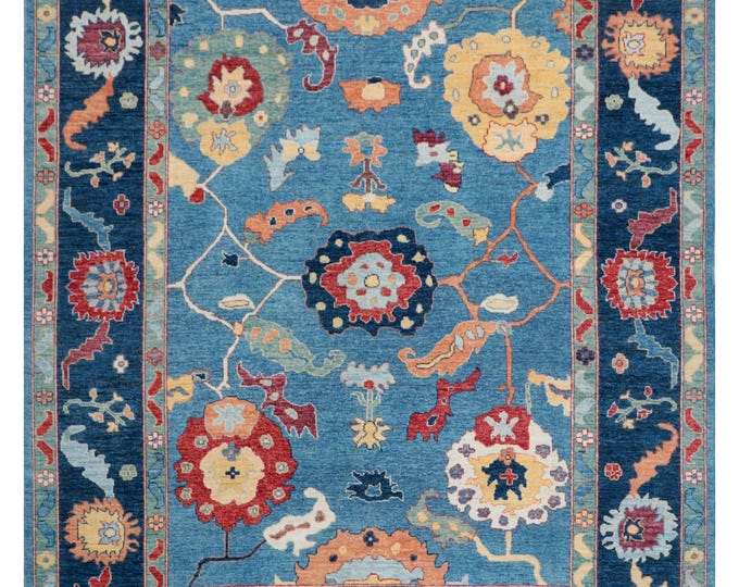 9.1 X 11.7 ft Blue Floral Handmade ,Oshak Wool