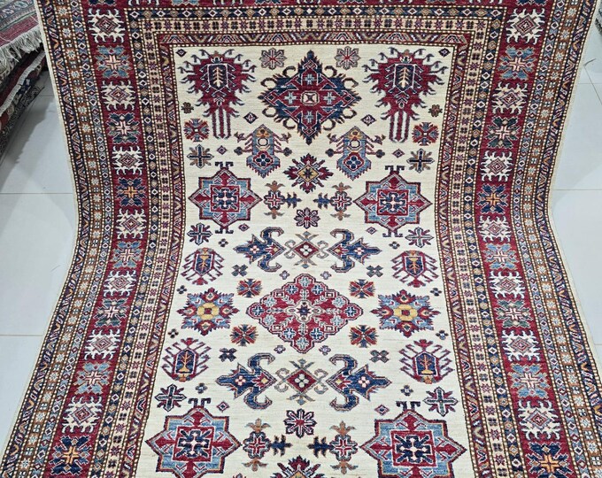 5.5 X 8 ft Handmade Geometrical Super Kazak Rug, Beige and Red, Cotton and Wool