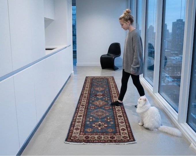 2 X 6 ft Blue and Beige and Red Geomatrical Handmade , Super Kazak Cotton and Wool8 X 10