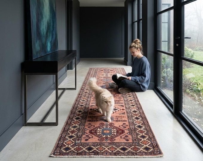 2.8 X 8.10 ft Copper and Beige Geomatrical Handmade Runner, Super Kazak Cotton and Wool