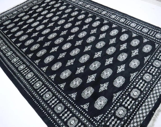 7 X 10 ft Handmade Geometrical Mori Bokhara Rug, Black, Cotton amd Wool