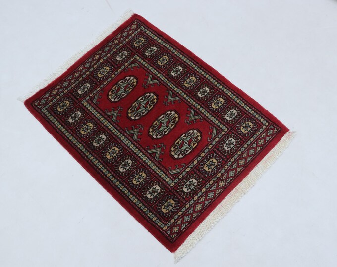 2.2 X 2.9 ft Red Geomatrical Handmade, Mori Bokhara Cotton and Wool