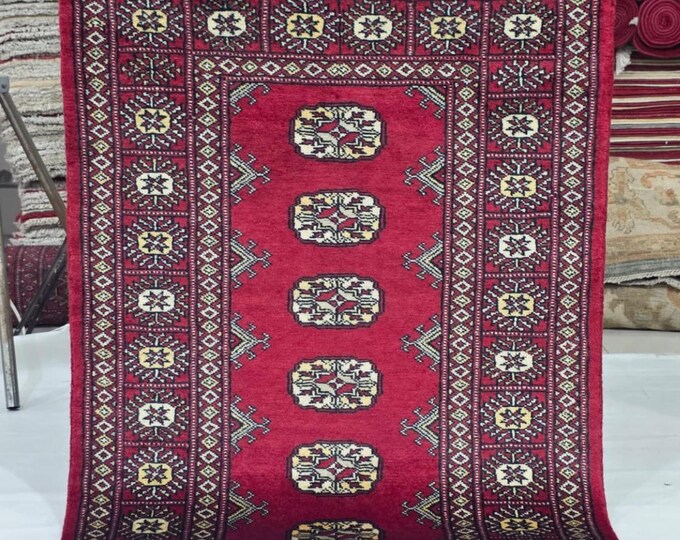 2.5 X 4 ft Red Geometrical Handmade, Mori Bokhara Rug Cotton and Wool