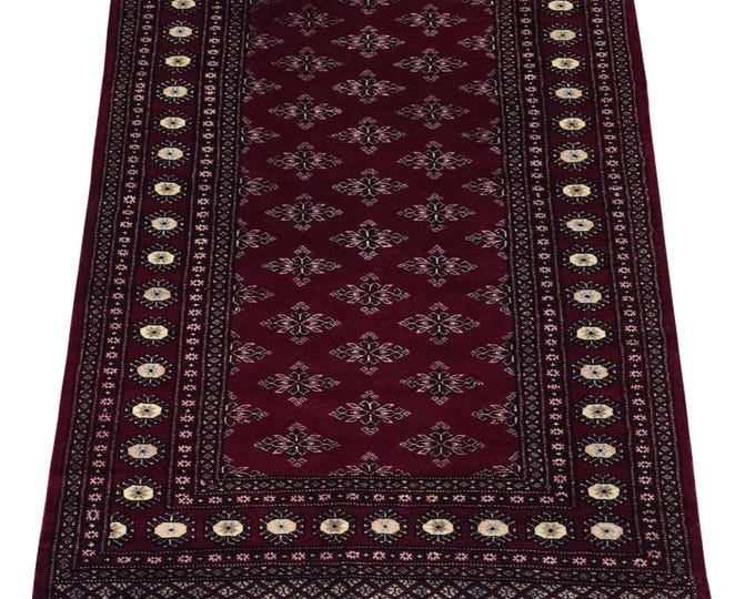 4 X 6 ft Red Geometrical Handmade , Mori Bokhara Cotton and Wool