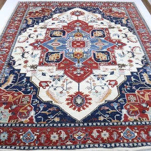 Alfombra de estilo persa Heriz de 9 x 12 pulgadas, alfombra tradicional afgana de lana de alta calidad hecha a mano en color beige y rojo, alfombra geométrica, alfombra para dormitorio, alfombra para oficina