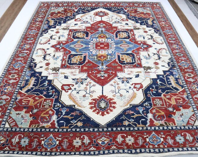 9x12 Handmade Heriz Wool Rug - Beige Red Afghan Geometric Carpet